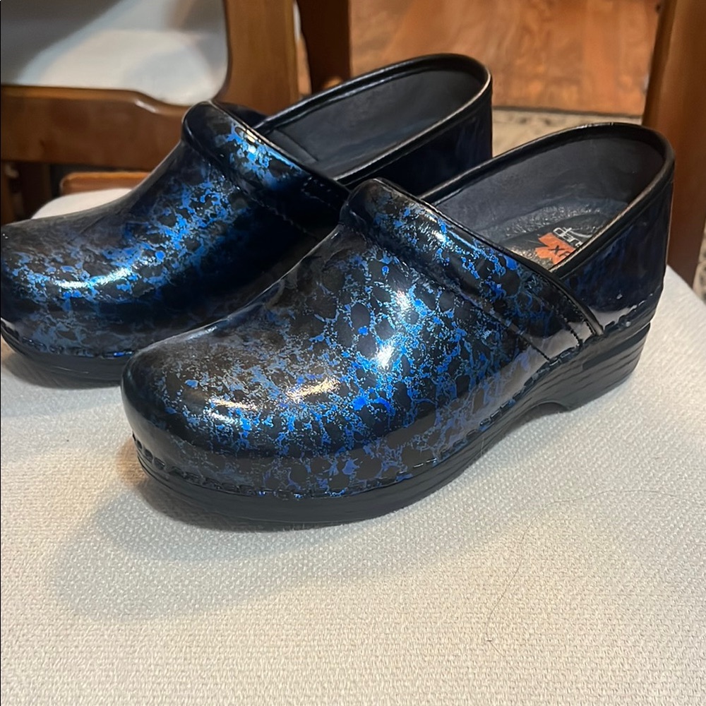 Dansko Black and Blue Patterned Clogs